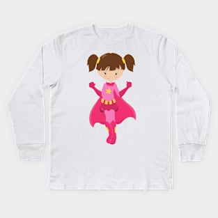 Superhero Girl, Brown Hair, Pink Cape, Cute Girl Kids Long Sleeve T-Shirt